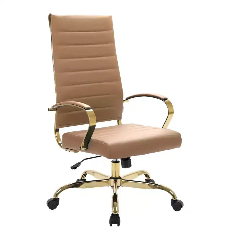 Chaise de bureau à dossier haut en cuir nervuré, pivotante et inclinable, style moderne, piètement doré