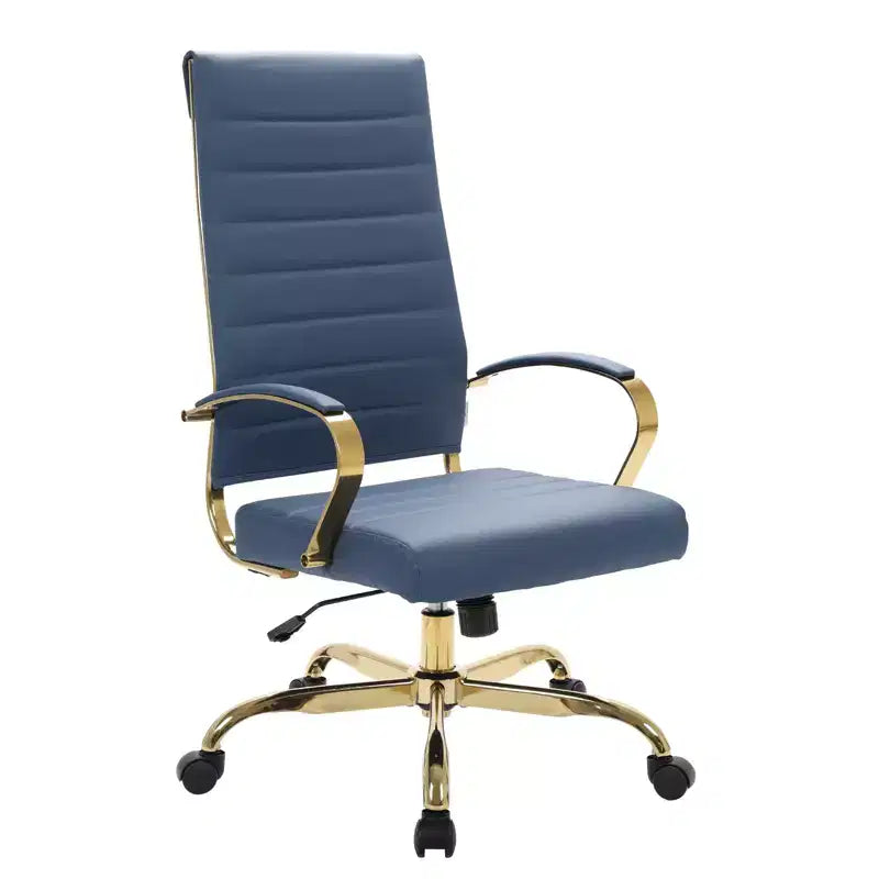 Chaise de bureau à dossier haut en cuir nervuré, pivotante et inclinable, style moderne, piètement doré