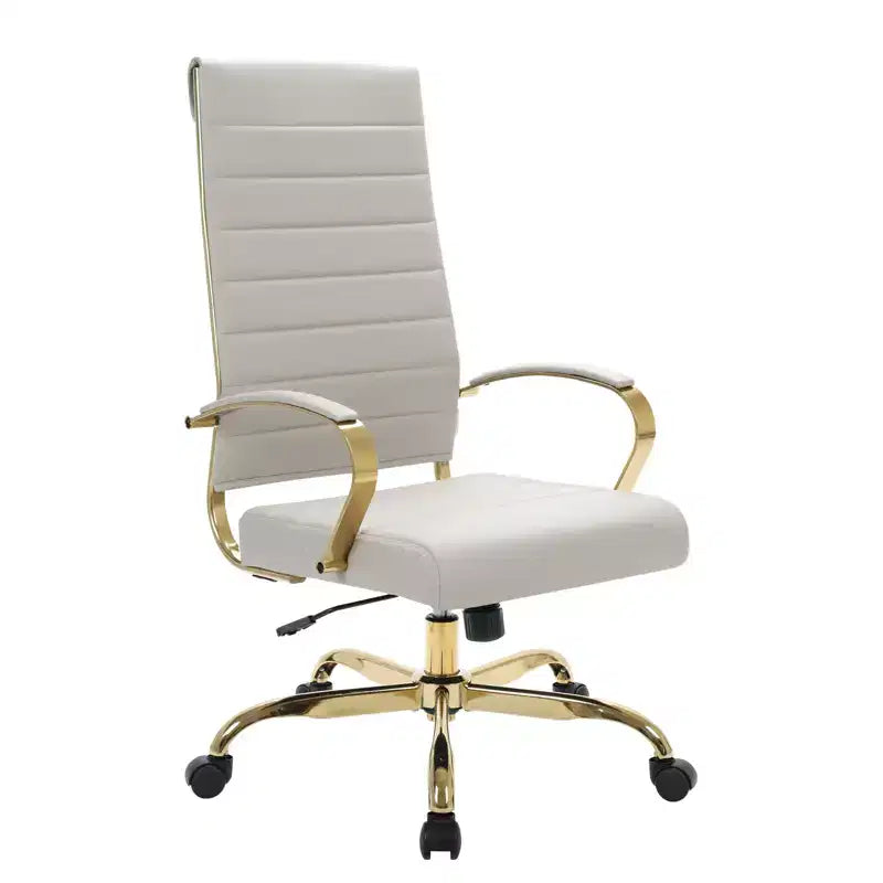 Chaise de bureau à dossier haut en cuir nervuré, pivotante et inclinable, style moderne, piètement doré