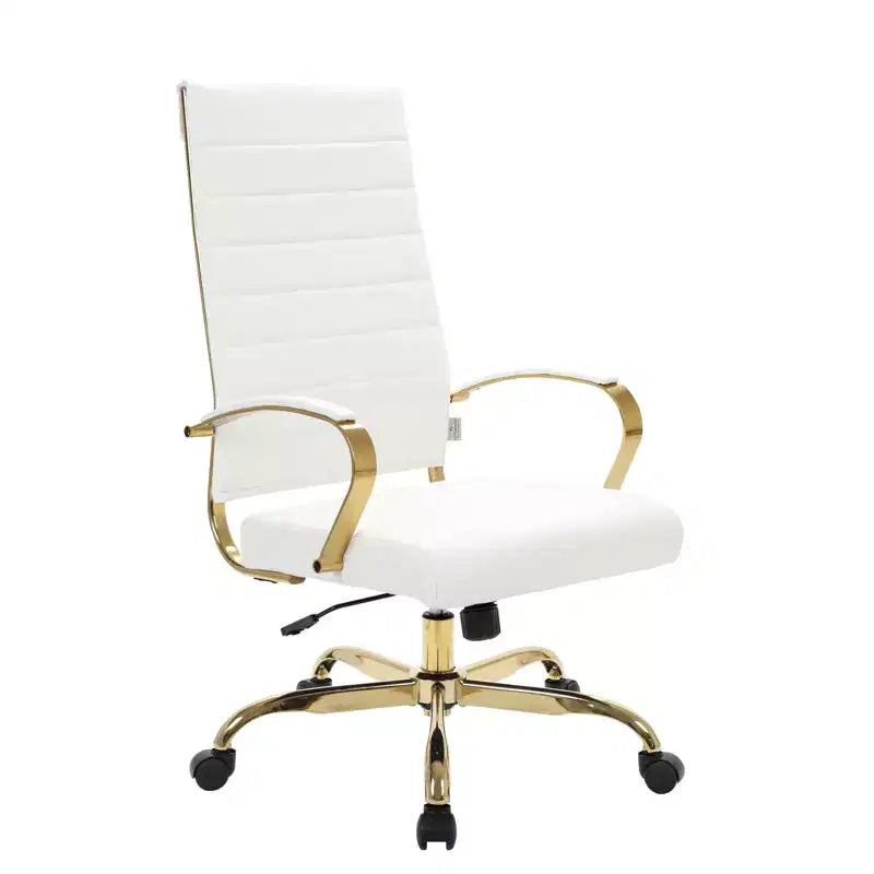Chaise de bureau à dossier haut en cuir nervuré, pivotante et inclinable, style moderne, piètement doré