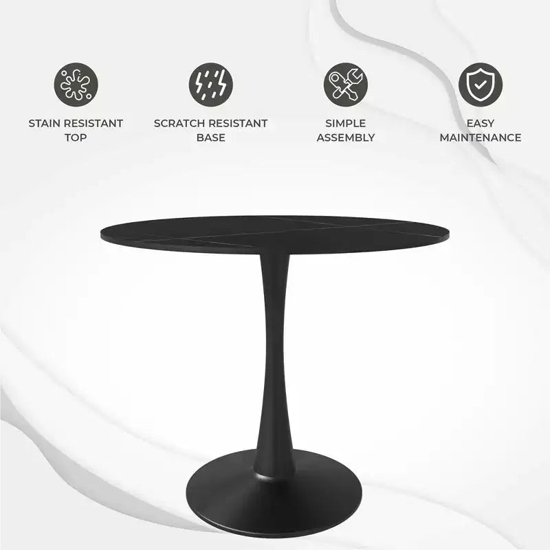 35 Table de Salle à Manger Plateau en Pierre Frittée Table d'Appoint de Café & Piètement Pied Central Robuste en Acier Noir pour Cuisine et Petits Espaces