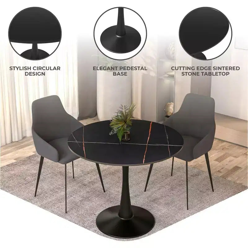 35 Table de Salle à Manger Plateau en Pierre Frittée Table d'Appoint de Café & Piètement Pied Central Robuste en Acier Noir pour Cuisine et Petits Espaces
