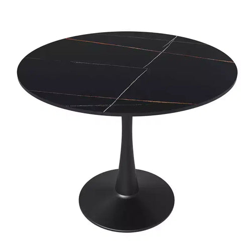 LeisureMod Bristol 35 Round Dining Table  Sintered Stone Top Accent Caf Table & Sturdy Steel Black Pedestal Base for Kitchen and Small Spaces
