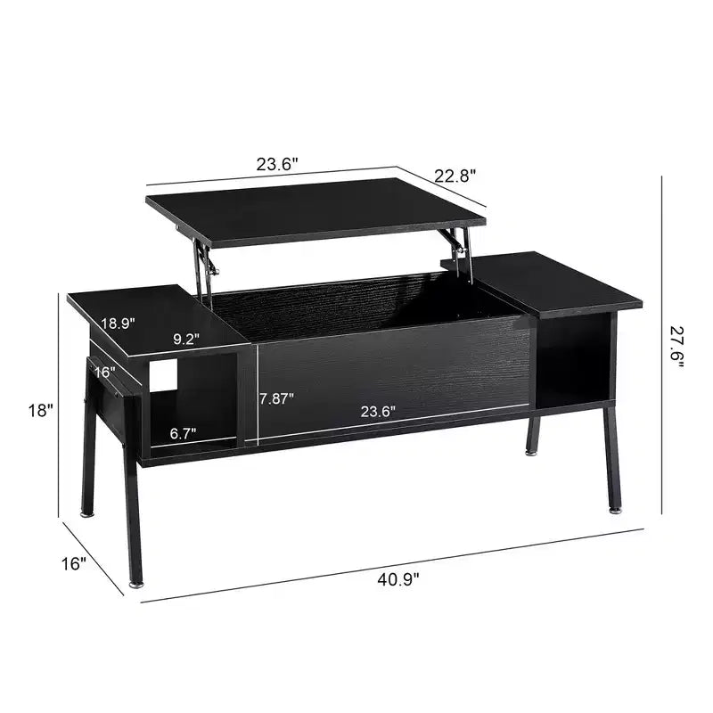 Table basse relevable de 42 pouces avec pieds en métal, table centrale élévatrice avec compartiment caché et 2 étagères de rangement