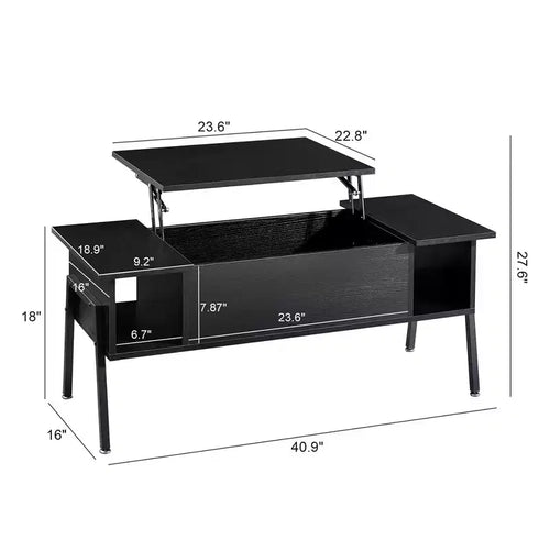 Table basse relevable de 42 pouces avec pieds en métal, table centrale élévatrice avec compartiment caché et 2 étagères de rangement
