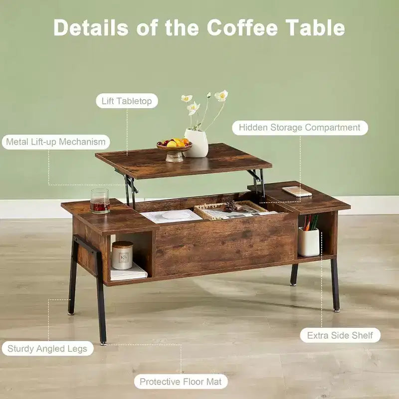 Table basse relevable de 42 pouces avec pieds en métal, table centrale élévatrice avec compartiment caché et 2 étagères de rangement