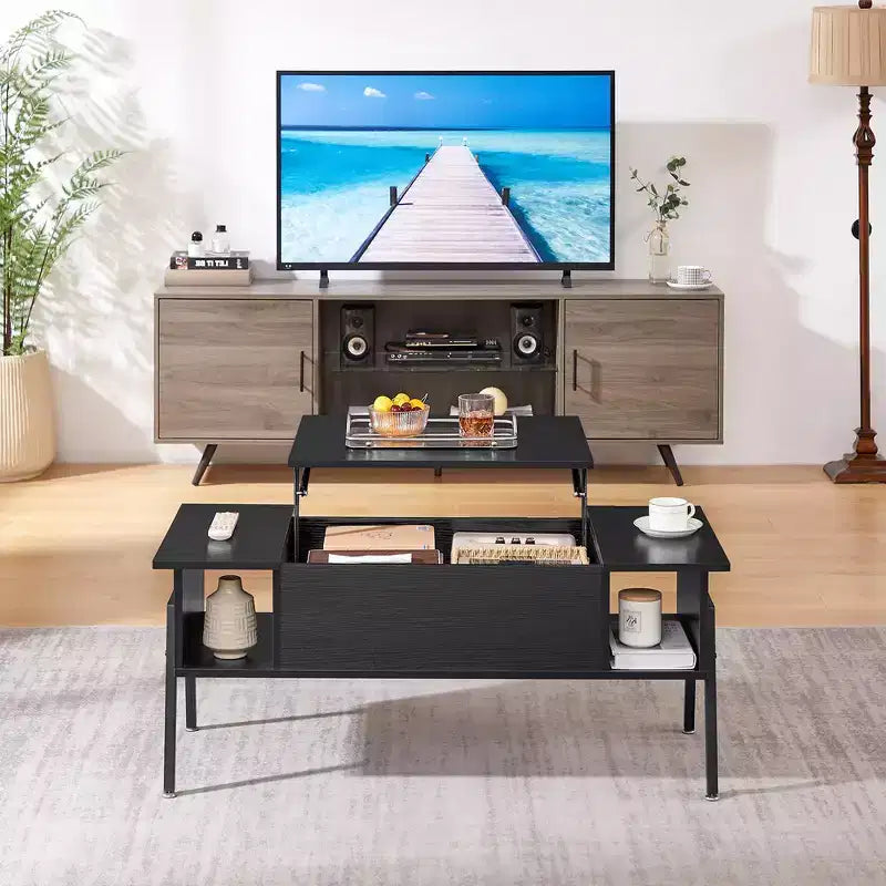 Table basse relevable de 42 pouces avec pieds en métal, table centrale élévatrice avec compartiment caché et 2 étagères de rangement