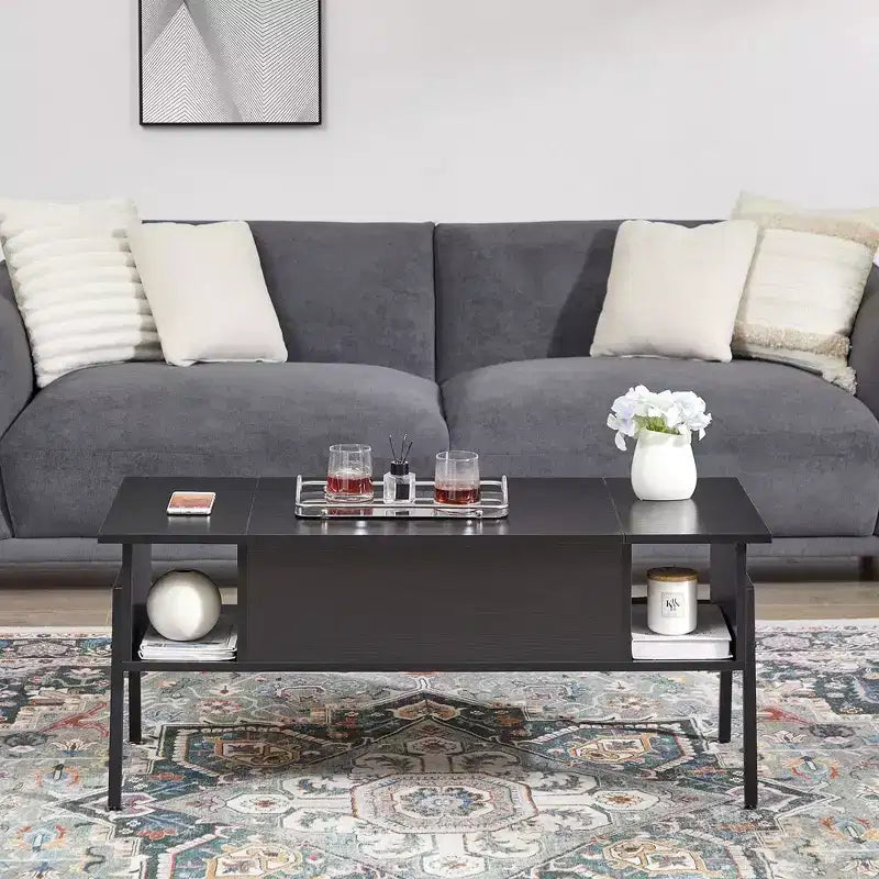 Table basse relevable de 42 pouces avec pieds en métal, table centrale élévatrice avec compartiment caché et 2 étagères de rangement
