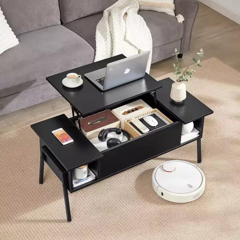 Table basse relevable de 42 pouces avec pieds en métal, table centrale élévatrice avec compartiment caché et 2 étagères de rangement