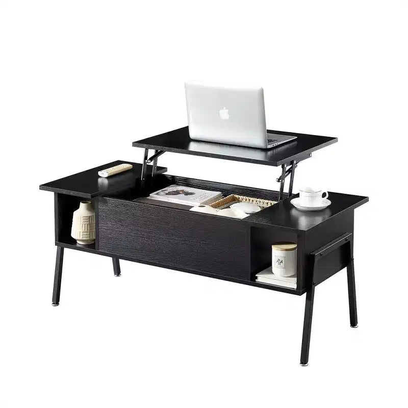 VECELO 42 Inch Lift Top Coffee Table with Metal Legs, Rising Center Table w/Hidden Compartment and 2 Storage Shelves