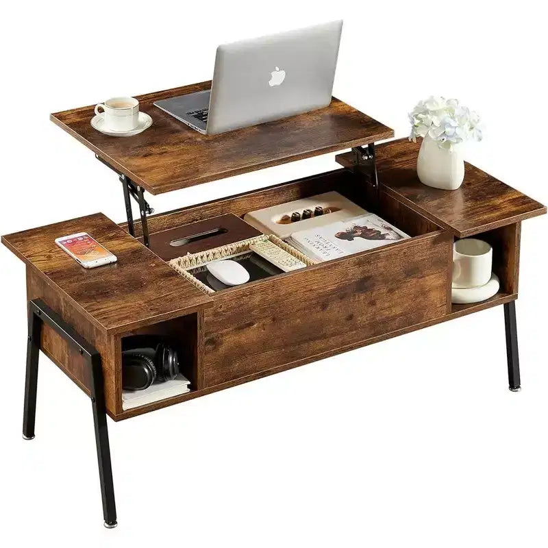 Table basse relevable de 42 pouces avec pieds en métal, table centrale élévatrice avec compartiment caché et 2 étagères de rangement
