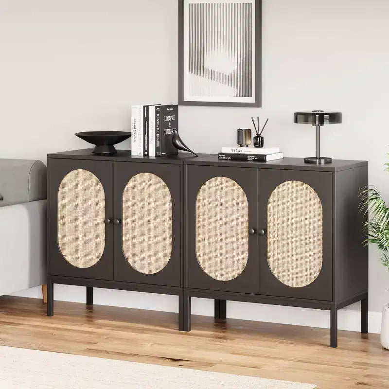 Bahut de Rangement en Rotin avec Portes et Étagères, Meuble d'Appoint Buffet pour Salon, Salle à Manger, Couloir