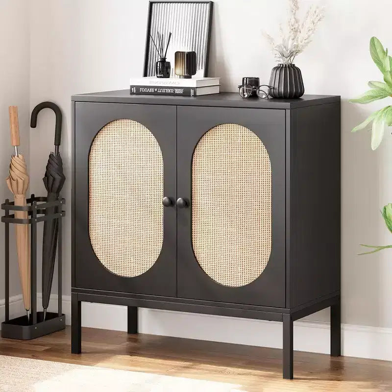Bahut de Rangement en Rotin avec Portes et Étagères, Meuble d'Appoint Buffet pour Salon, Salle à Manger, Couloir